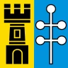 Fahne der Gemeinde Baar: gespalten, links auf gelbem Grund ein schwarzer Turm, rechts auf blauem Grund ein weisses Kleeblattkreuz