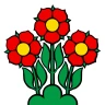 Fahne der Gemeinde Sins: auf weissem Grund drei rote Rosen mit gelben Butzen auf grünem Dreiberg