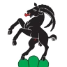 Fahne der Gemeinde Steinhausen: auf weissem Grund ein aufspringender schwarzer Steinbock auf grünem Dreiberg
