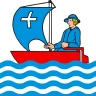 Fahne der Gemeinde Unterägeri: ein rotes Segelschiff mit blauem Segel und weissem Kreuz, darin ein Steuermann