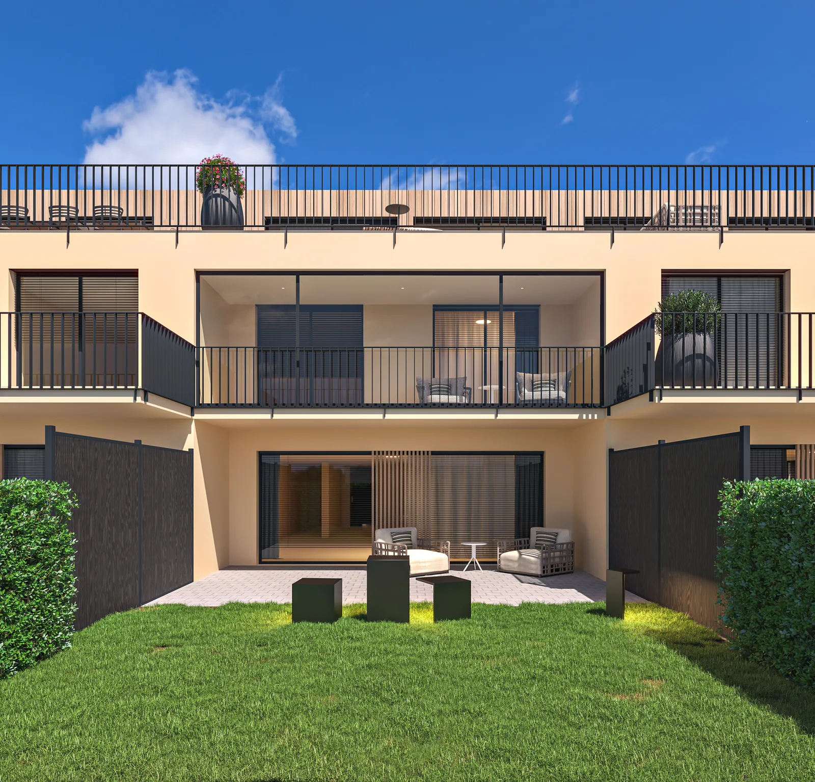 Visualisierung: Gartenfassade der Wohnung Nr. 2 mit Rasen und Terrasse – Gartenwohnung in Fahrwangen AG