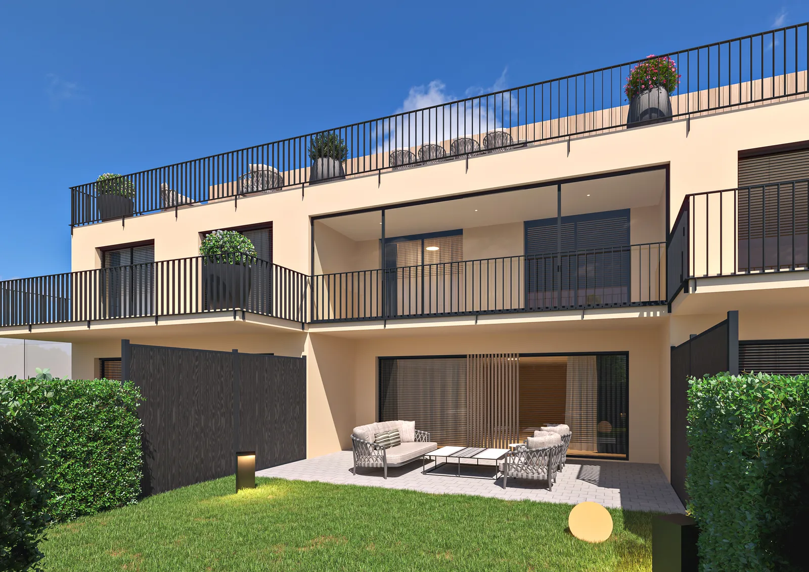 Visualisierung: Gartenseite der Wohnung Nr. 2 mit Sitzplatz, Loggia und Dachterrasse – Gartenwohnung in Fahrwangen AG